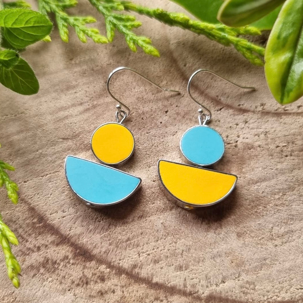 Asymmetrical Earrings - Aqua & Yellow