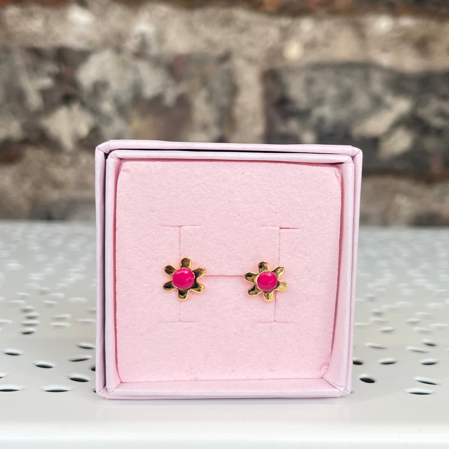 Gold Floral Studs - Pink