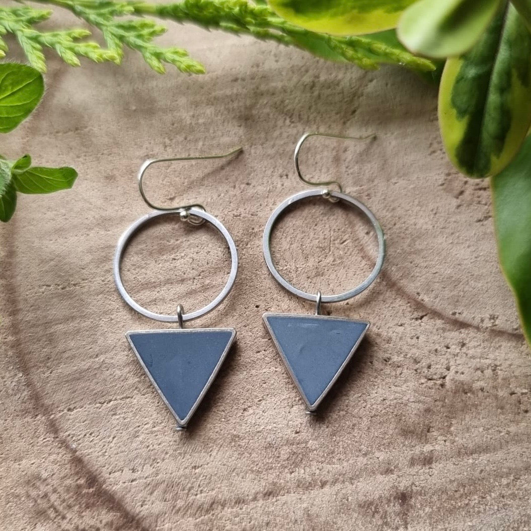 Small Silver Triangle Hoops - Navy