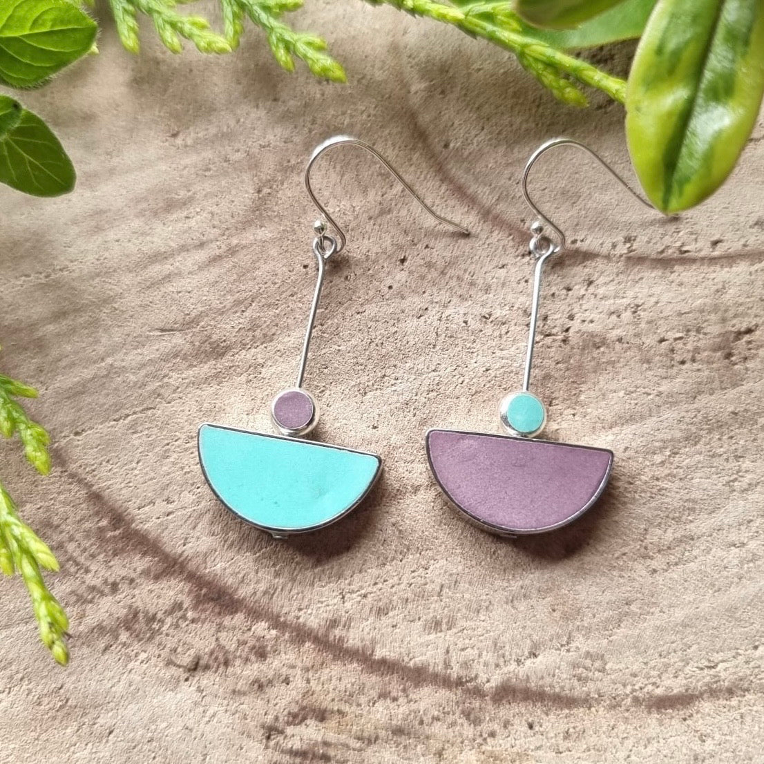 Asymmetrical Earrings - Purple & Pale Green