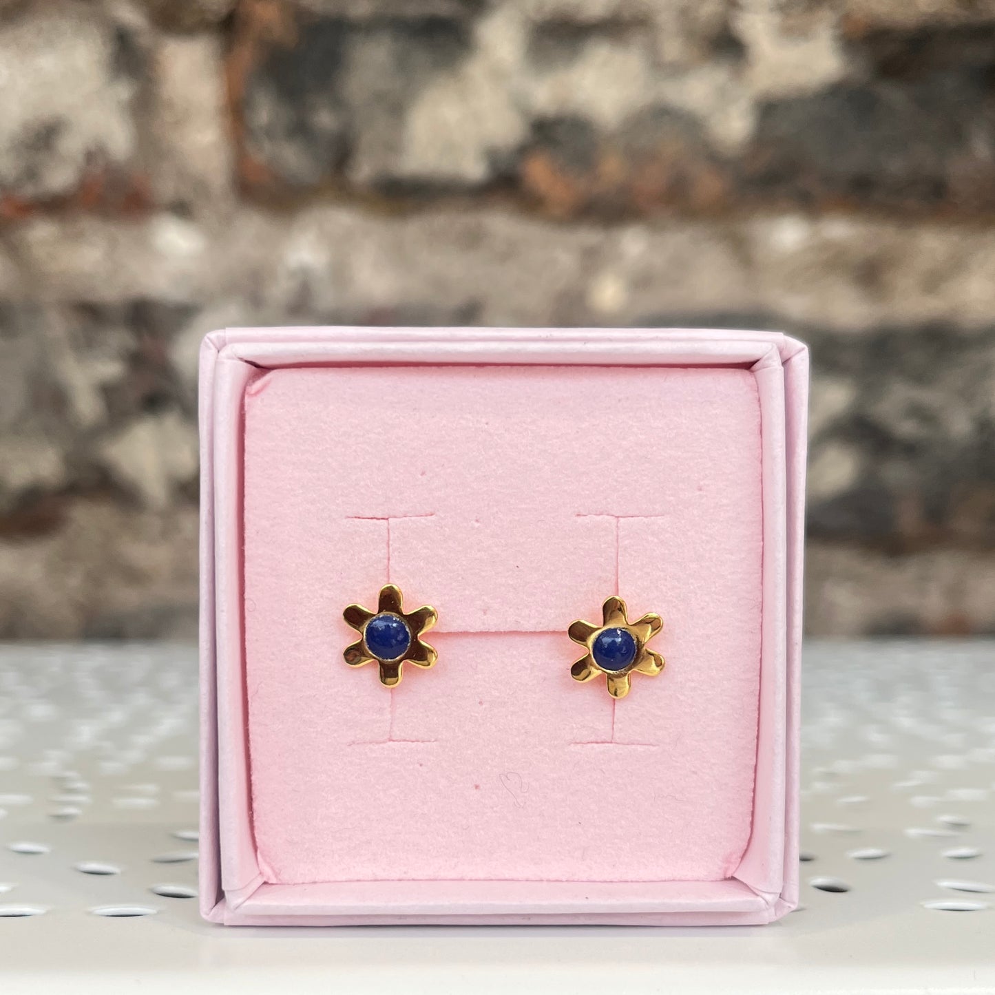 Gold Floral Studs - Blue