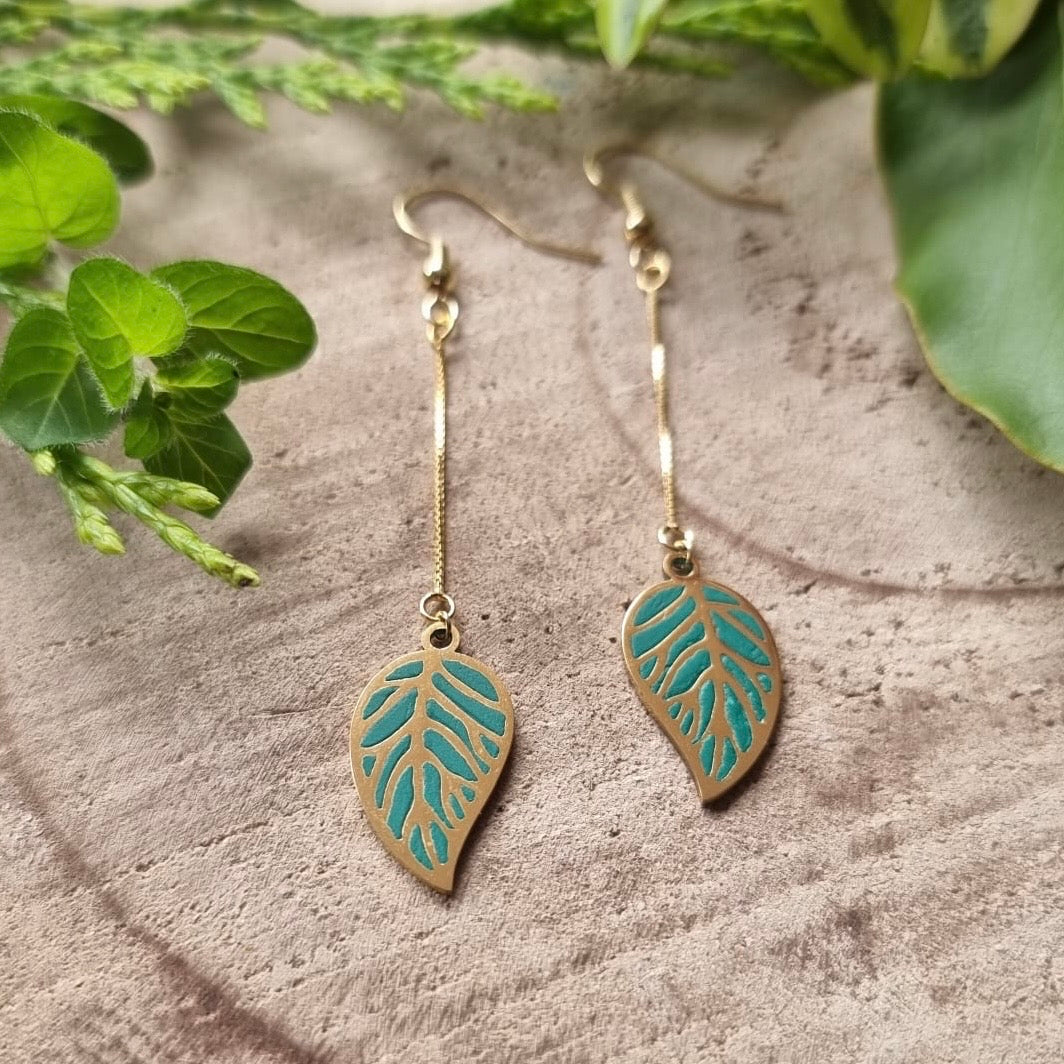 Gold Dangly Leaves - Green