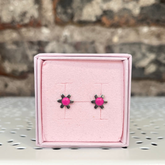Silver Floral Studs - Pink