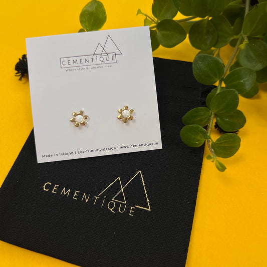 Gold Floral Studs - White