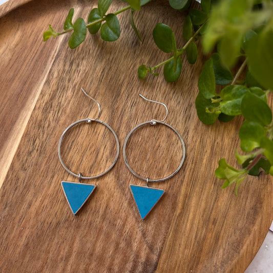 Silver Triangle Hoops - Teal